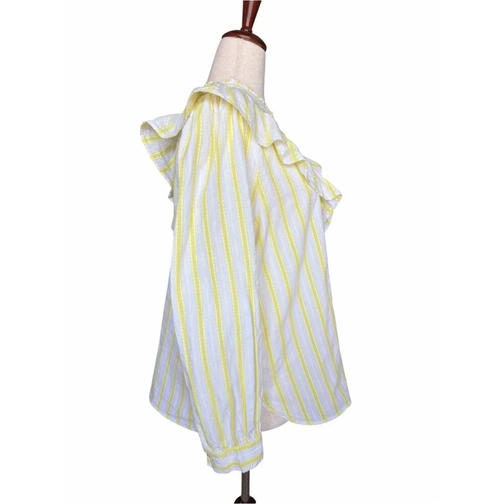LOFT XL Yellow White Stripe Ruffle Collar Button Front Cotton Blouse Cottage
